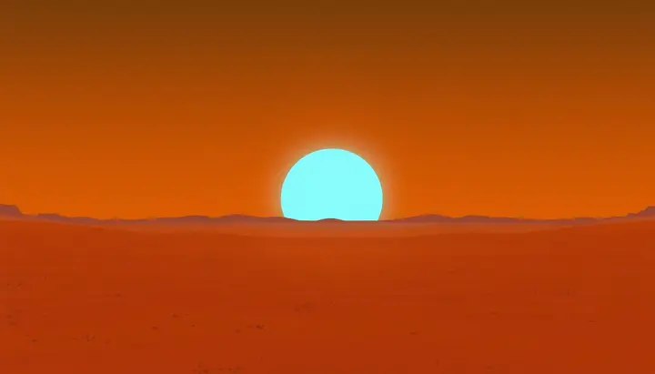 火星の夕暮れに太陽の周囲だけが青く輝く情景