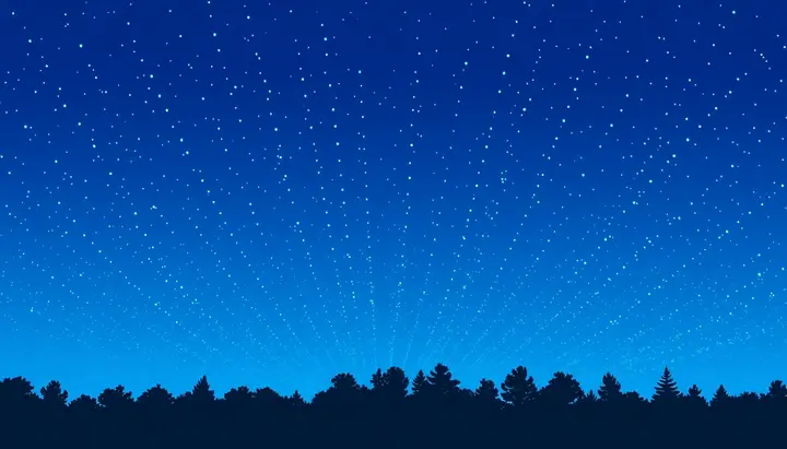 空全体から青い光の粒が降り注ぐ広がりのある空の風景