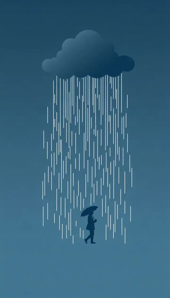 遠くに雨が降り始めた空、傘を持つ人の後ろ姿シルエット
