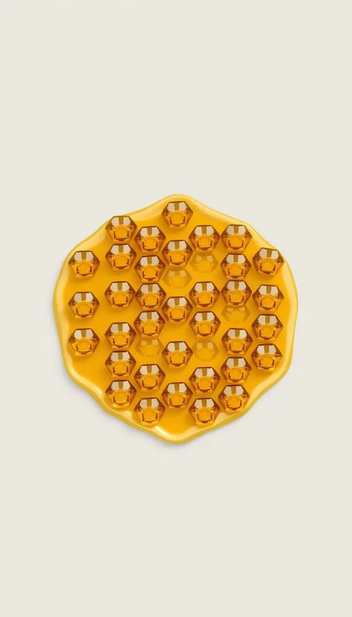 蜂蜜の分子が規則正しく並ぶイメージを結晶のアイコンで表現